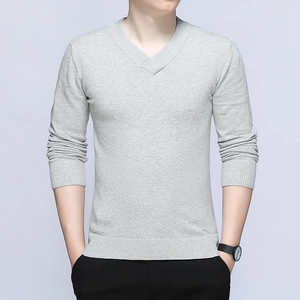 Men's 100% Cotton V-Neck Long Sleeve Sweater Slim Fit Solid Color Ribbed Knit Pullover For Casual Office Wear