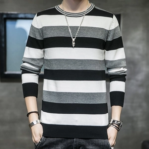 Pull Homme en Tricot de Coton à Rayures Col Rond Manches Longues Décontracté Coupe Ample Automne Hiver Haut pour Homme Mode