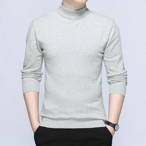 Men's slim fit light grey mock neck knit sweater with ribbed cuffs and hem details