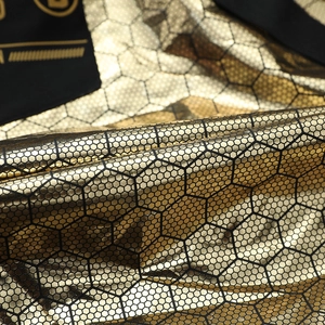 Winter-Daunenjacke in Schwarz-Gold mit metallischer Wabenstruktur und Markenlogo