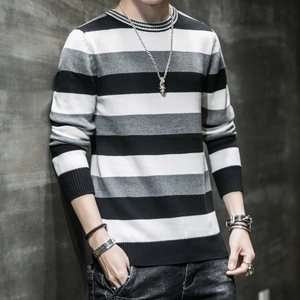 Pull à manches longues pour hommes avec rayures noires, blanches et grises et col rond