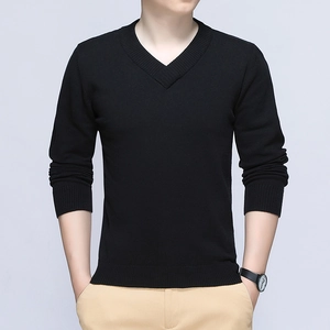Classic black men's V-neck long sleeve cotton knit sweater in business casual style
