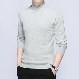 Classic heather grey men's mock neck knit sweater with ribbed cuffs and hem details