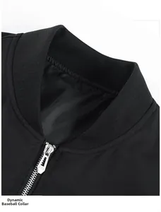 Close-up of black baseball jacket collar with ribbed knit and FRE embossed metal zipper