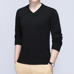 Classic men's black V-neck cotton sweater with ribbed cuffs and hem for winter