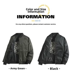 Detail of bomber jackets in green and black featuring floral printed inner lining