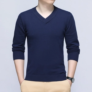 Men's navy blue V-neck knit sweater in slim fit with ribbed cuffs and classic hem style