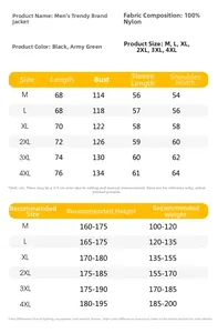 Detailed size chart for men's bomber jacket showing length, chest, and shoulder measurements