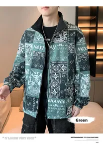 Close-up of green men's jacket with bohemian totem print and tiger motif detail