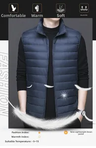 Detail of lightweight navy down vest featuring horizontal quilting and thermal comfort