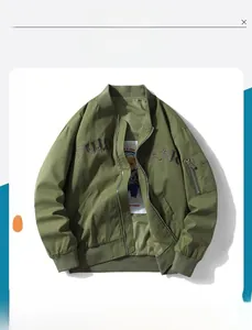 Detailed embroidery and tactical arm pocket on olive green padded bomber jacket