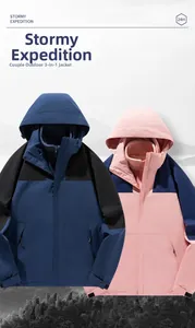 Detail of couple's waterproof 3-in-1 outdoor jackets with detachable hoods and zip pockets
