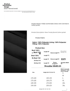 Size chart and measurement guide for loose cotton padded puffer jacket in black polyester