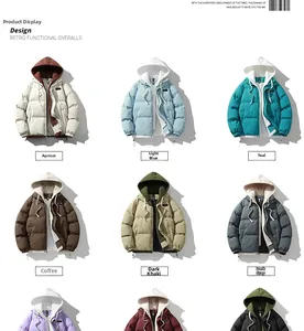 Detail view of retro functional padded jacket in six colors with hooded design