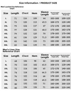Size chart for outdoor 3-in-1 jacket including coat and liner measurements from L to 8XL