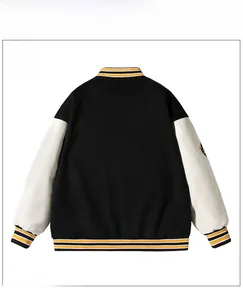Detail view of the varsity jacket's striped ribbed cuffs and high-quality synthetic leather sleeves