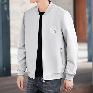Men's light grey baseball jacket with crane embroidery and windproof fabric