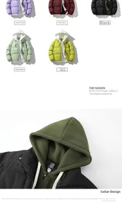 Detail of the windproof hooded collar design showing the inner lining of the warm jacket