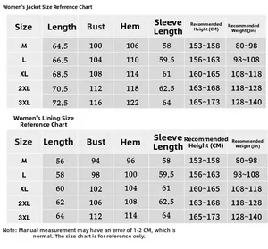 Size chart for women's 3-in-1 outdoor jacket and detachable inner liner, M to 3XL