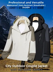 Detail of waterproof outdoor jacket fabric showing zipper pocket and Outdoor Sport logo