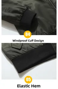 Detail showing ribbed windproof cuffs and elastic hem on a green varsity bomber jacket