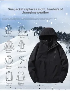 Detail of waterproof outdoor jacket showing 8-in-1 functional features and windproof hood