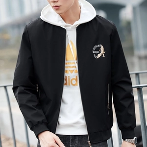 Men's black bomber jacket with crane embroidery and stand collar in outdoor street style