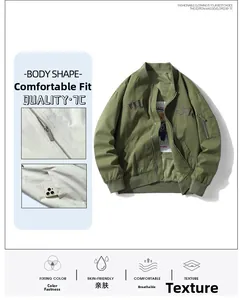 Detail of army green bomber jacket with zip pocket and embroidered patch design
