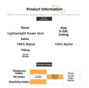 Size chart and fabric details for lightweight duck down vest showing nylon material and S-5XL