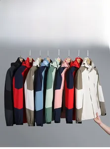 Detailed grid view showing eight colorful waterproof hooded jackets for outdoor activities