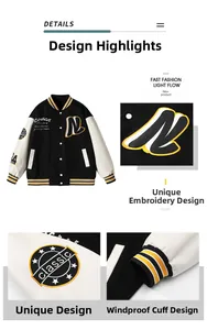 Detail of varsity jacket windproof cuffs and classic embroidered letter patches
