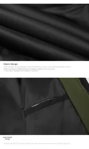 Detailed close-up of dark green windproof fabric and hidden inner pocket on men jacket