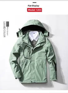 Detail view of water-resistant green outdoor jacket with zipper pockets and adjustable cuffs