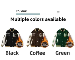 Detailed view of color-block varsity jackets with N patch embroidery and striped ribbed cuffs
