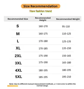 Detailed size chart for men's lightweight down jacket ranging from S to 5XL sizes