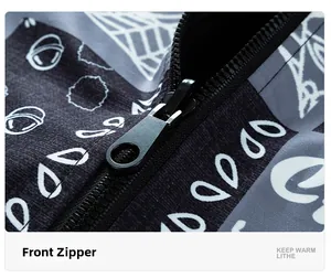 Detail view of smooth front zipper and printed fabric with Keep Warm and Lithe features