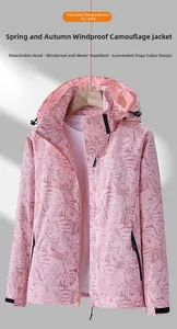 Détail de la veste outdoor camouflage rose montrant le tissu imperméable et le zip
