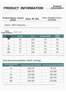 Size chart for stylish patchwork baseball jacket showing measurements for sizes M to 3XL