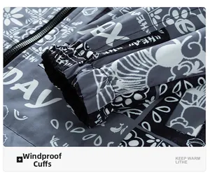 Detail shot of windproof elastic cuffs on a grey printed casual street jacket for men