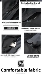 Detail of outdoor jacket showing detachable hood, windproof zipper and adjustable cuffs