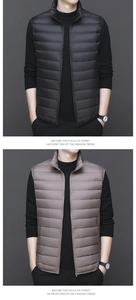 Detail view of lightweight down vests in black and khaki with horizontal quilting patterns