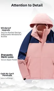 Detail view of pink and navy windproof jacket with adjustable hood and velcro cuffs