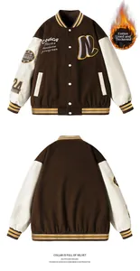 Detail view of American vintage varsity jacket showing plush velvet collar and thick cotton lining
