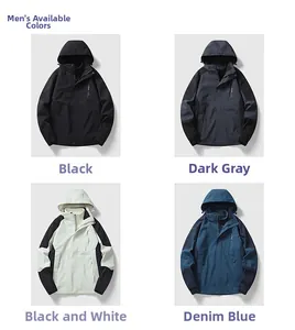 Detail view of men waterproof hiking jackets in black, dark grey, bicolor, and denim blue