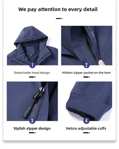 Detail shots of navy outdoor jacket with detachable hood and adjustable Velcro cuffs