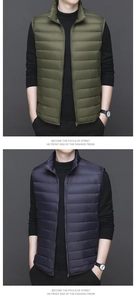 Detail of army green and navy blue stand collar quilted vests with zipper closure