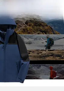 Outdoor color-block jacket details showing windproof collar and mountain climbing scenes