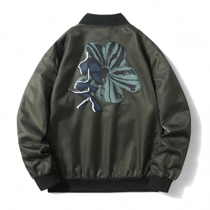 Army green bomber jacket with floral embroidery on back in minimalist baseball style