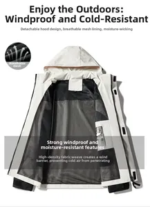 Detail of outdoor jacket showing detachable hood and breathable black mesh lining