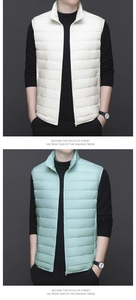 Close-up of quilted down vests in off-white and pale green with high collar design